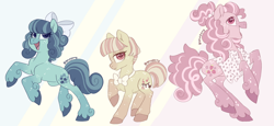 Size: 1316x607 | Tagged: safe, artist:bishopony, oc, oc only, oc:banana split, oc:blueberry burst, oc:strawberry swirl, earth pony, pony, bow, bowtie, clothes, female, hair bow, mare, offspring, parent:cheese sandwich, parent:pinkie pie, parents:cheesepie, shirt, siblings, sisters, trio
