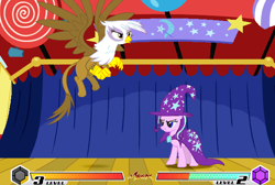 Size: 616x413 | Tagged: safe, artist:sunbusting, gilda, starlight glimmer, trixie, fighting is magic, fighting is magic - mega, g4, flying, mega, palette swap, recolor, trixie's wagon, wagon