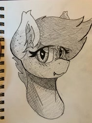 Size: 3024x4032 | Tagged: safe, artist:reddthebat, oc, oc only, oc:selena (reddthebat), bat pony, pony, bat pony oc, bust, ear fluff, fangs, female, looking at you, mare, monochrome, smiling, smiling at you, solo, sternocleidomastoid