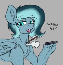 Size: 663x682 | Tagged: safe, artist:reddthebat, oc, oc only, oc:alaska (reddthebat), ghost, ghost pony, pony, arrow, chest fluff, electronic cigarette, eyebrows, eyebrows visible through hair, female, frog (hoof), gray background, hoof hold, lidded eyes, looking at you, mare, open mouth, open smile, simple background, smiling, smiling at you, solo, talking to viewer, underhoof, vape