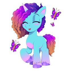 Size: 2000x2000 | Tagged: safe, artist:willoillo, misty brightdawn, butterfly, pony, unicorn, g5, :p, blushing, bracelet, chibi, cute, daaaaaaaaaaaw, eyes closed, female, freckles, friendship bracelet, high res, jewelry, mare, mistybetes, raised hoof, rebirth misty, simple background, solo, tongue out, transparent background, weapons-grade cute