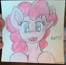 Size: 2618x2573 | Tagged: safe, artist:reddthebat, pinkie pie, earth pony, pony, g4, bust, ear fluff, female, high res, looking at you, mare, open mouth, open smile, party?, smiling, smiling at you, solo, sternocleidomastoid, that pony sure does love parties, traditional art