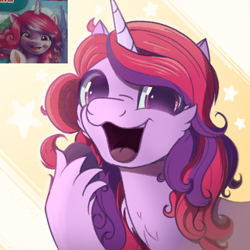 Size: 1000x1000 | Tagged: safe, artist:candy meow, izzy moonbow, pony, unicorn, g5, :d, alternate hairstyle, bootleg, cheek fluff, chest fluff, curly hair, female, looking at you, mare, open mouth, open smile, ripoff, smiling, smiling at you, solo, unshorn fetlocks