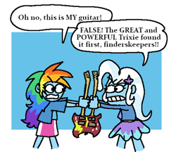 Size: 1488x1303 | Tagged: safe, artist:punkittdev, rainbow dash, trixie, human, equestria girls, g4, guitar centered, dialogue, double neck guitar, electric guitar, female, gritted teeth, guitar, mare, musical instrument, passepartout, speech bubble, teeth