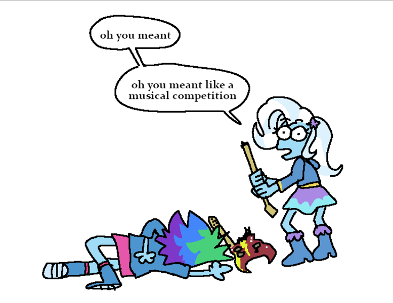 3182863 - safe, artist:punkittdev, rainbow dash, trixie, human, equestria  girls, g4, guitar centered, dialogue, double neck guitar, duo, electric  guitar, family guy, family guy death pose, guitar, musical instrument,  simple background, speech