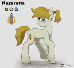 Size: 1631x1500 | Tagged: safe, artist:gantarts, oc, oc only, oc:nazaretta, earth pony, pony, blue eyes, cutie mark, female, glasses, ponytail, raised hoof, reference sheet, simple background, standing, white background