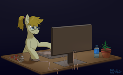 Size: 2475x1500 | Tagged: safe, artist:gantarts, oc, oc only, oc:nazaretta, earth pony, pony, bottle, candy, computer, escii keyboard, female, food, glasses, plant, ponies with technology, ponytail, simple background, table