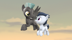 Size: 3840x2160 | Tagged: safe, artist:charismatic pony, rumble, thunderlane, pegasus, pony, g4, 3d, 4k, brothers, colt, duo, duo male, flying, foal, high res, looking at each other, looking at someone, male, revamped ponies, siblings, sky, smiling, smiling at each other, source filmmaker, spread wings, stallion, wings