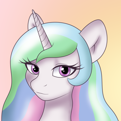 Size: 1024x1024 | Tagged: safe, ai assisted, ai content, artist:sparkfler85, derpibooru exclusive, generator:thisponydoesnotexist, part of a set, princess celestia, alicorn, pony, g4, beautiful, bust, female, gradient background, looking at you, mare, missing accessory, portrait, redraw, reference in the description, solo