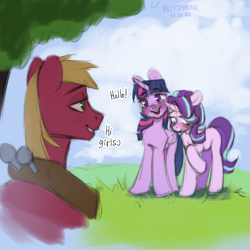 Size: 3000x3000 | Tagged: safe, artist:bloodymrr, big macintosh, starlight glimmer, twilight sparkle, alicorn, earth pony, pony, unicorn, g4, big macintosh gets all the mares, bisexual, blushing, dialogue, female, grass, greeting, high res, male, outdoors, shipping, smiling, straight, text, tree, twilight sparkle (alicorn)