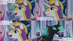Size: 2000x1125 | Tagged: safe, edit, edited screencap, editor:quoterific, screencap, princess cadance, shining armor, teal crescent, thorax, alicorn, changeling, pegasus, pony, unicorn, g4, season 6, the times they are a changeling, armor, crystal empire, crystal guard, crystal guard armor, cute, duo focus, fangs, female, folded wings, grin, group, helmet, insect wings, male, mare, offscreen character, offscreen female, open mouth, open smile, quartet, smiling, spread wings, stallion, thorabetes, wings