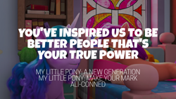 Size: 1920x1080 | Tagged: safe, edit, edited screencap, editor:quoterific, screencap, izzy moonbow, sunny starscout, earth pony, pony, unicorn, ali-conned, g5, my little pony: make your mark, my little pony: make your mark chapter 2, spoiler:g5, spoiler:my little pony: make your mark, spoiler:my little pony: make your mark chapter 2, spoiler:mymc02e04, book, cactus, coat markings, crystal brighthouse, dialogue, duo, female, mane stripe sunny, mare, pillow, socks (coat markings), stained glass, unshorn fetlocks