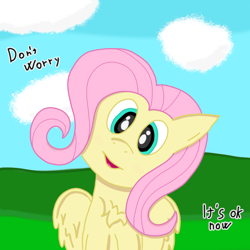 Size: 1356x1356 | Tagged: safe, artist:auro, fluttershy, pegasus, pony, g4, chest fluff, cloud, cute, female, grass, grass field, half body, looking at you, mare, sitting, sky, smiling, smiling at you, solo, talking, talking to viewer, text, wholesome, wings