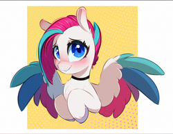 Size: 1000x773 | Tagged: safe, artist:inkypuso, zipp storm, pegasus, pony, g5, adorazipp, alternate hairstyle, blushing, bust, choker, closed mouth, colored hooves, colored wings, cute, female, hooves to the chest, lip bite, looking at you, mare, partially open wings, passepartout, pinkamena hair, smiling, smiling at you, solo, spread wings, three quarter view, wings