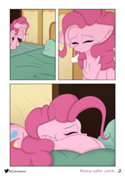 Size: 1449x2048 | Tagged: safe, artist:eventseem, pinkie pie, earth pony, pony, comic:relax after work, g4, bed, chest fluff, comic, eyes closed, female, floppy ears, mare, solo, tired