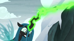 Size: 1000x563 | Tagged: safe, edit, edited screencap, editor:incredibubbleirishguy, screencap, queen chrysalis, changeling, frenemies (episode), g4, accessory-less edit, blank eyes, draining, magic drain, magic theft, missing accessory, that centaur sure does love magic, weak