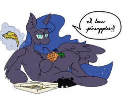 Size: 3508x2744 | Tagged: safe, artist:ponny, princess luna, alicorn, pony, g4, cursive writing, drink, food, herbivore, high res, lying down, magic, on side, pineapple, pineapple pizza, pizza, pizza box, piña colada (drink), simple background, solo, speech bubble, telekinesis, text, white background