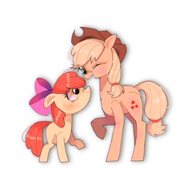 Size: 1280x1280 | Tagged: safe, artist:destroyer_aky, apple bloom, applejack, earth pony, pony, g4, apple sisters, female, filly, foal, mare, one eye closed, siblings, simple background, sisters, white background, wink
