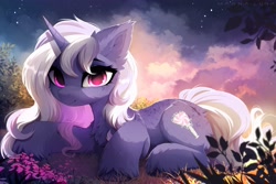 Size: 4020x2680 | Tagged: safe, artist:magnaluna, oc, oc only, oc:gloaming sheen, pony, unicorn, chest fluff, cloud, ear fluff, eyebrows, female, flower, freckles, grass, high res, horn, looking at you, lying down, mare, prone, smiling, smiling at you, solo, stars, unicorn oc, unshorn fetlocks