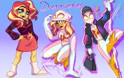 Size: 2048x1284 | Tagged: safe, artist:carouselunique, sunset shimmer, human, equestria girls, g4, bag, beanie, boots, clothes, costume, crossover, female, gradient background, hat, jacket, marvel, mask, paint, paintbrush, shoes, skirt, spider-man, spider-sona, superhero