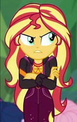 Size: 474x746 | Tagged: safe, screencap, sunset shimmer, human, equestria girls, equestria girls series, g4, sunset's backstage pass!, spoiler:eqg series (season 2), angry, cropped, crossed arms, cute, female, forest, madorable, shimmerbetes, solo, sunset shimmer is not amused, unamused