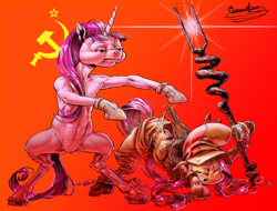 Size: 5096x3867 | Tagged: safe, artist:gordoleeno, fluttershy, starlight glimmer, pegasus, pony, unicorn, g4, the cutie map, bugs bunny, clothes, clothes swap, communism, eyes closed, fear, gloves, goofy, hammer and sickle, hat, hoof shoes, horseshoes, looking away, meme, pants, quadrupedal, realistic anatomy, realistic horse legs, red background, reference, shoes, simple background, soviet russia, soviet union, staff, staff of sameness, stalin glimmer, standing on two hooves, starlight glimmer is best facemaker, teary eyes