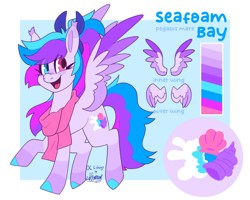 Size: 2500x2000 | Tagged: safe, artist:lionbun, oc, oc:seafoam bay, pegasus, pony, blue background, bow, character design, clothes, coat markings, colored hooves, colored wings, colored wingtips, cute, cyan eyes, ear tufts, female, flying, hair bow, heterochromia, high res, light blue background, looking at you, mare, multicolored wings, open mouth, passepartout, pegasus oc, pink eyes, ponytail, reference sheet, scarf, simple background, smiling, smiling at you, socks (coat markings), spread wings, tongue out, wings