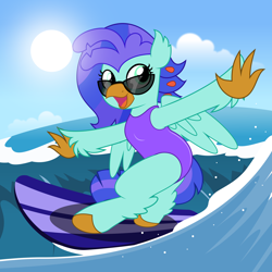 Size: 5000x5000 | Tagged: safe, artist:jhayarr23, oc, oc only, oc:sea lilly, classical hippogriff, hippogriff, bipedal, clothes, cloud, commission, ocean, solo, sun, sunglasses, surfboard, surfing, swimsuit, water, wave, ych result