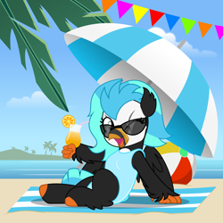 Size: 5000x5000 | Tagged: safe, artist:jhayarr23, oc, oc only, oc:icebeak, classical hippogriff, hippogriff, beach, beach ball, clothes, drink, holding, leaf, looking at you, ocean, one eye closed, solo, sunglasses, swimsuit, towel, umbrella, water, wink, winking at you