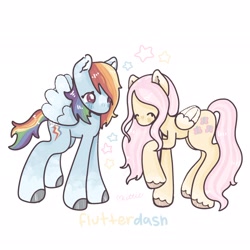 Size: 2048x2048 | Tagged: safe, artist:kittie, fluttershy, rainbow dash, pegasus, pony, g4, ^^, blushing, cute, daaaaaaaaaaaw, duo, duo female, eyes closed, female, high res, lesbian, long hair, long tail, looking at someone, raised hoof, ship:flutterdash, shipping, short hair, short mane, short tail, simple background, slouching, spread wings, standing, tail, unshorn fetlocks, white background, wings