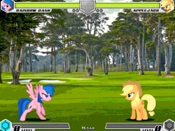 Size: 1080x806 | Tagged: safe, artist:tom artista, applejack, firefly, rainbow dash, earth pony, pegasus, pony, fighting is magic, g1, g4, fan game, golf, golf club, new, palette swap, place, recolor, sports, stage