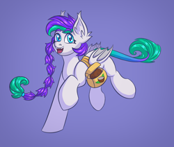 Size: 1772x1504 | Tagged: safe, artist:kutemango, oc, oc only, oc:lony, bat pony, pony, bag, braid, coconut, ear fluff, fluffy tail, food, saddle bag, simple shading, solo, tail