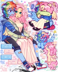 Size: 2238x2764 | Tagged: safe, artist:aj2020ahgd, fluttershy, rainbow dash, pegasus, pony, anthro, plantigrade anthro, g4, clothes, converse, cuddling, dialogue, dress, duo, duo female, eye clipping through hair, eyebrows, eyebrows visible through hair, eyes closed, eyes open, female, floating, flying, high res, holding hands, hug, hug from behind, jacket, lesbian, letter, looking at each other, looking at someone, patch, pencil, ship:flutterdash, shipping, shoes, shorts, signature, sitting, smiling, smiling at each other, sneakers, snuggling, spread wings, wings