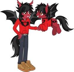 Size: 2781x2708 | Tagged: safe, artist:lightningbolt, derpibooru exclusive, bat pony, human, pony, equestria girls, g4, .svg available, bat wings, belt, clandestine industries, clothes, denim, duo, duo male, ear fluff, emo, equestria girls-ified, eyeliner, fall out boy, fangs, flying, grin, happy, high res, hoodie, hoof in hand, human ponidox, humanized, jeans, jewelry, long sleeves, looking at each other, looking at someone, makeup, male, necklace, pants, pete wentz, ponied up, ponified, self paradox, self ponidox, shirt, shoes, show accurate, simple background, smiling, spread wings, stallion, standing, svg, tail, tailed humanization, transparent background, undershirt, vector, wings