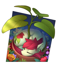 Size: 1910x2305 | Tagged: safe, artist:yakovlev-vad, roseluck, earth pony, pony, g4, behaving like a cat, curled up, cute, ear fluff, eyes closed, female, flower, flower pot, mare, rosabetes, rose, sleeping, solo