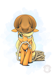 Size: 2171x3070 | Tagged: safe, artist:mysticalpha, applejack, earth pony, pony, g4, applejack's hat, cowboy hat, cute, floppy ears, hat, high res, jackabetes, looking at you, mouth hold, rope, simple background, solo, white background
