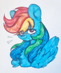 Size: 3265x3895 | Tagged: safe, artist:starkey, rainbow dash, pegasus, pony, g4, blushing, bust, cheek fluff, chest fluff, ear fluff, emanata, female, folded wings, high res, looking at you, mare, simple background, smiling, smiling at you, solo, three quarter view, traditional art, white background, wings