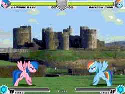 Size: 994x746 | Tagged: safe, artist:tom artista, firefly, rainbow dash, earth pony, pegasus, pony, fighting is magic, g1, g4, abandoned, castle, fan game, new, palette swap, place, recolor, ruins, stage