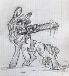 Size: 2592x2857 | Tagged: safe, artist:starkey, earth pony, pony, chainsaw, high res, injured, insanity, insanity face, mia winters, ponified, resident evil, saw, smiling, solo, traditional art