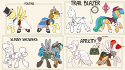 Size: 3755x2117 | Tagged: safe, artist:cadetredshirt, oc, alicorn, earth pony, pegasus, pony, belt, boots, clothes, convention, convention art, costume, digital art, eyes closed, goggles, goggles on head, hat, high res, luggage, mascot, monocle, pocket watch, reference sheet, shoes, spread wings, steampunk, vanhoover, vanhoover pony expo, wings