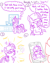 Size: 4779x6013 | Tagged: safe, artist:adorkabletwilightandfriends, twilight sparkle, oc, oc:lawrence, alicorn, pony, comic:adorkable twilight and friends, g4, adorasexy, adorkable, adorkable twilight, back of head, bathroom, cellphone, chest fluff, cute, dork, duckface, funny, humor, looking away, magic, mirror, perspective, phone, photo, pose, posing for photo, reality ensues, selfie, sexy, silly, silly pony, slice of life, smartphone, taking a photo, toilet, towel, twiabetes, twilight sparkle (alicorn)