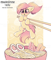 Size: 3684x4298 | Tagged: safe, artist:madelinne, pony, blushing, bowl, commission, egg, food, horse meat, imminent vore, meat, noodles, person as food, ramen, salad, shocked, sketch, solo, sticks, your character here