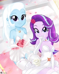 Size: 2278x2846 | Tagged: safe, artist:charliexe, starlight glimmer, trixie, human, equestria girls, g4, bare shoulders, bride, carpet, clothes, dress, duo, duo female, eyebrows, female, flower, flower in hair, gloves, grin, high res, long gloves, looking at you, sitting, smiling, smiling at you, socks, stairs, thigh highs, thigh socks