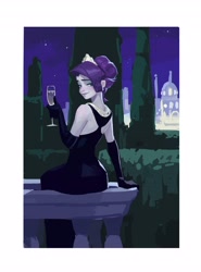 Size: 3026x4096 | Tagged: safe, artist:hyung7754, rarity, human, equestria girls, g4, alcohol, champagne, champagne glass, clothes, dress, drink, evening gloves, evening gown, female, garden, gloves, gown, humanized, jewelry, lidded eyes, long gloves, looking at you, looking back, looking back at you, necklace, smiling, solo, tiara, wine