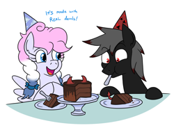 Size: 1486x1094 | Tagged: safe, artist:jargon scott, oc, oc:blood stain, oc:heavy weather, earth pony, pegasus, pony, birthday, birthday cake, cake, cute, devil horns, dialogue, earth pony oc, food, fork, hat, horns, party hat, pegasus oc, simple background, white background