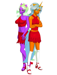 Size: 3000x3900 | Tagged: safe, artist:lullabyjak, oc, oc only, oc:shrill, oc:thrill, pony, unicorn, anthro, casual clothes, clothes, commission, high heels, high res, long socks, shoes, simple background, skirt, transparent background