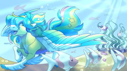 Size: 1920x1080 | Tagged: safe, artist:uunicornicc, oc, oc only, crab, fish, pegasus, pony, starfish, bubble, commission, crepuscular rays, cute, digital art, feather, flowing mane, flowing tail, green eyes, happy, male, multicolored mane, multicolored tail, ocean, open mouth, open smile, seashell, seaweed, smiling, solo, spread wings, stallion, stallion oc, sunlight, swimming, tail, teeth, underwater, unshorn fetlocks, water, wings