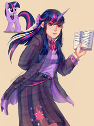 Size: 1280x1707 | Tagged: safe, artist:mariam246810, twilight sparkle, human, pony, unicorn, g4, belt, book, clothes, coat, deviantart watermark, female, horn, horned humanization, humanized, obtrusive watermark, shirt, simple background, skirt, solo, sweater vest, unicorn twilight, watermark, yellow background