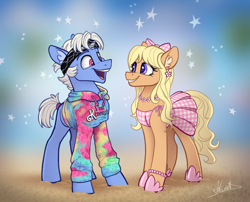 Size: 2328x1883 | Tagged: safe, artist:helmie-art, earth pony, pony, barbie, barbie (film), bow, bracelet, clothes, crossover, dress, ear fluff, ear piercing, earring, female, grin, hair bow, headband, hoodie, hoof shoes, jewelry, ken, looking at each other, looking at someone, male, mare, necklace, open mouth, piercing, pink eyes, ponified, purple eyes, sand, skirt, smiling, stallion, standing, stars, sundress, sweatshirt