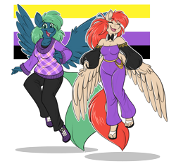 Size: 3165x3000 | Tagged: safe, artist:sugaryviolet, oc, oc only, pegasus, anthro, duo, flying, high res, nonbinary, nonbinary pride flag, pride, pride flag, simple background, transparent background